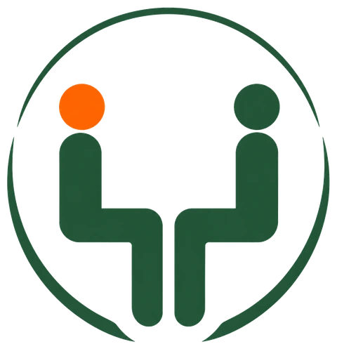 Logo Investition Zukunft: zwei einander zugewandte Figuren in Grün und Orange